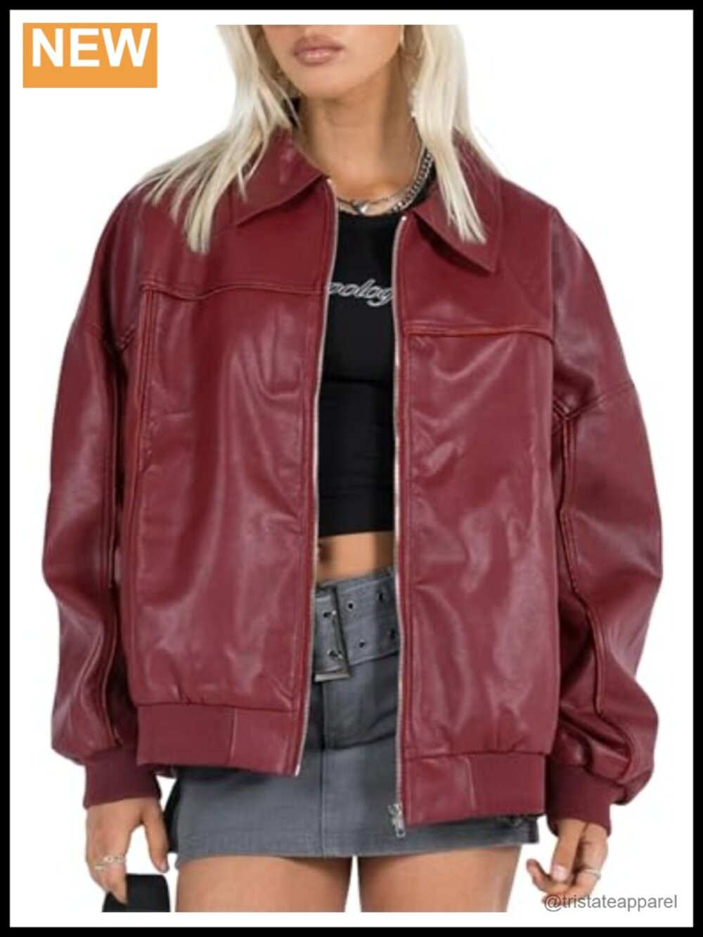 Women's Faux Leather Bomber Jacket Oversized Motorcycle Zip Up